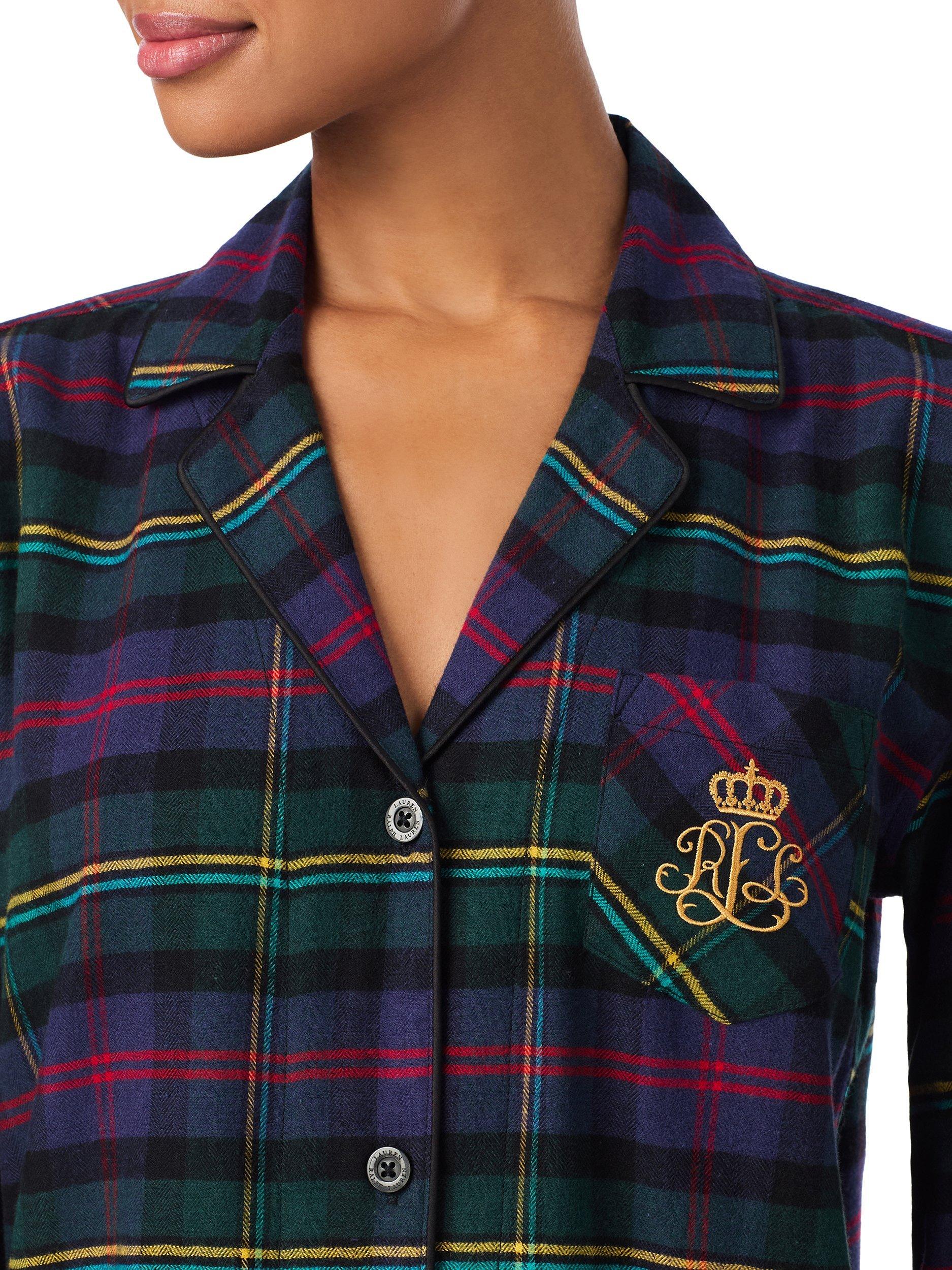 Product image 3 of 4, which shows Lauren Ralph Lauren Brushed Twill Plaid Check Button Through Long Pyjama Set, Multi, M