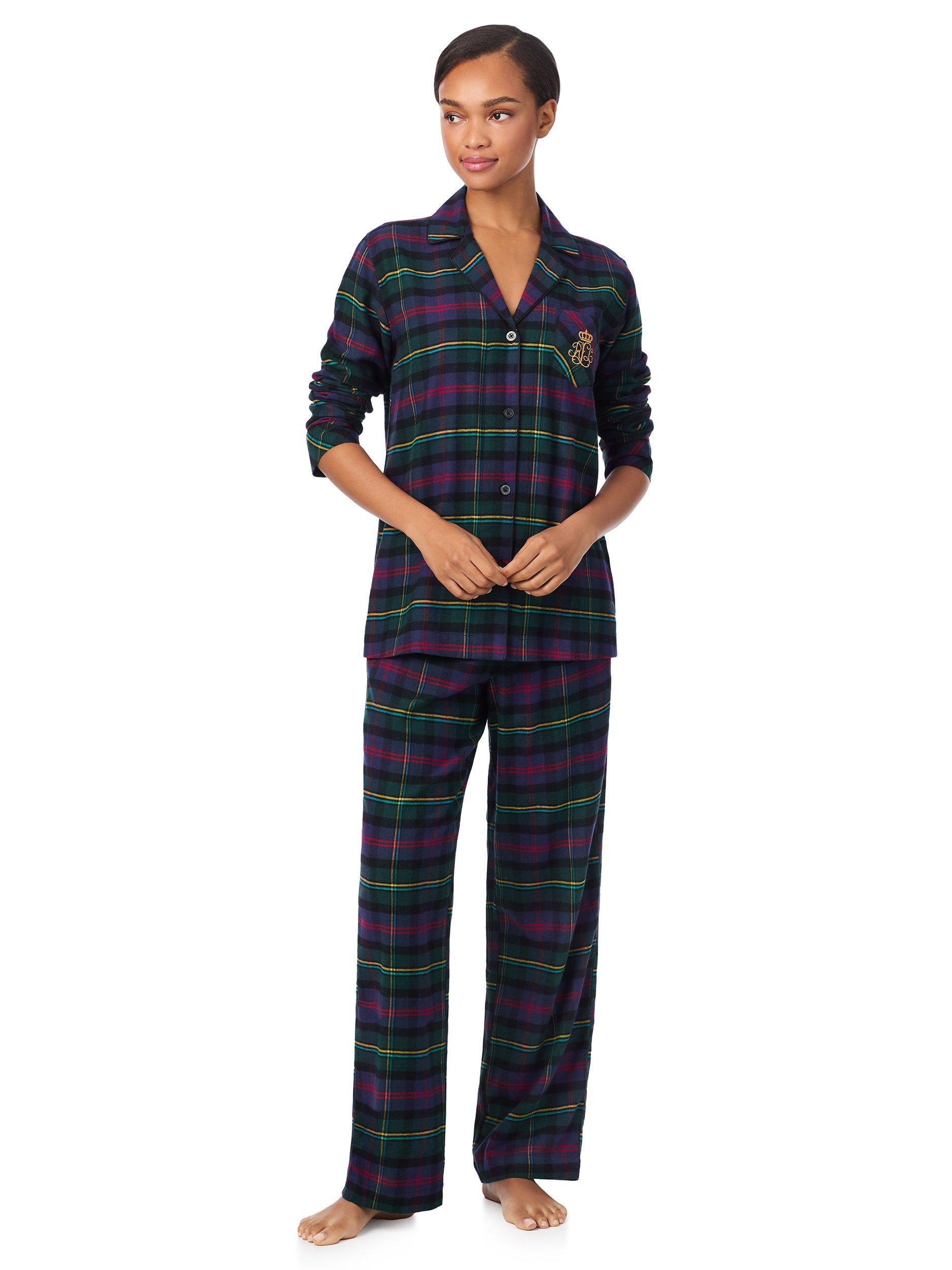Product image 4 of 4, which shows Lauren Ralph Lauren Brushed Twill Plaid Check Button Through Long Pyjama Set, Multi, M