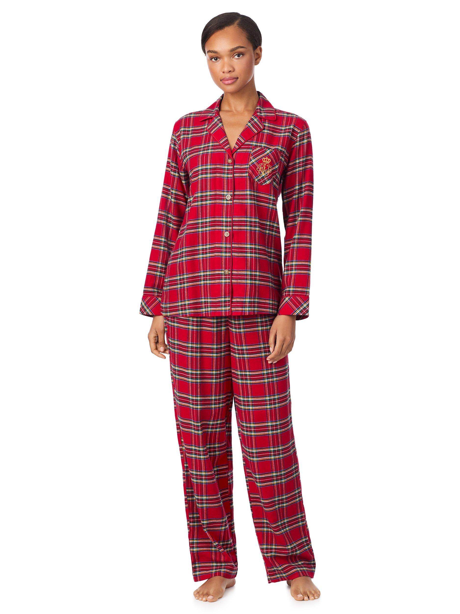 Product image 1 of 4, which shows Lauren Ralph Lauren Brushed Twill Plaid Check Button Through Long Pyjama Set, Red, L
