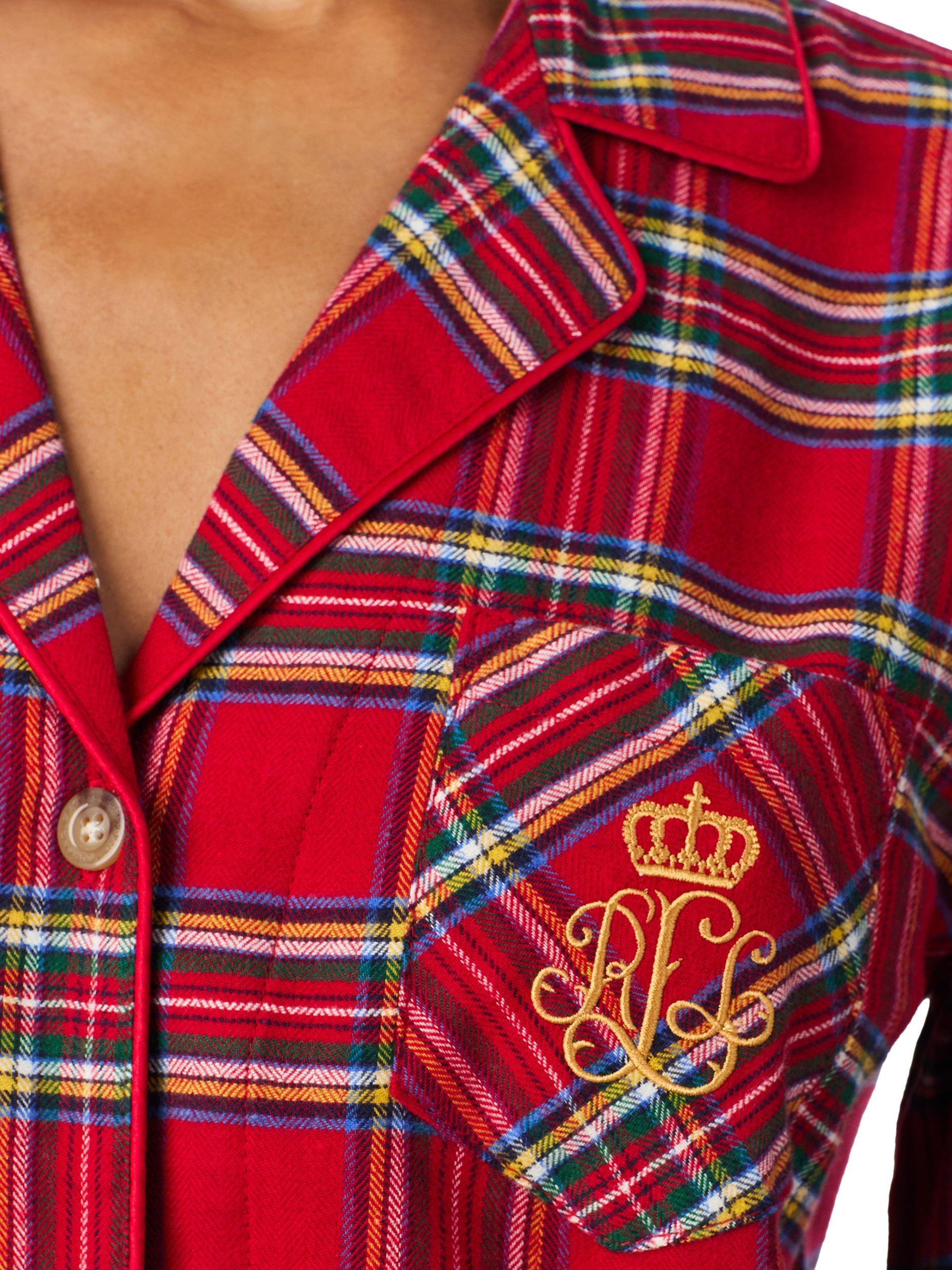 Product image 3 of 4, which shows Lauren Ralph Lauren Brushed Twill Plaid Check Button Through Long Pyjama Set, Red, L
