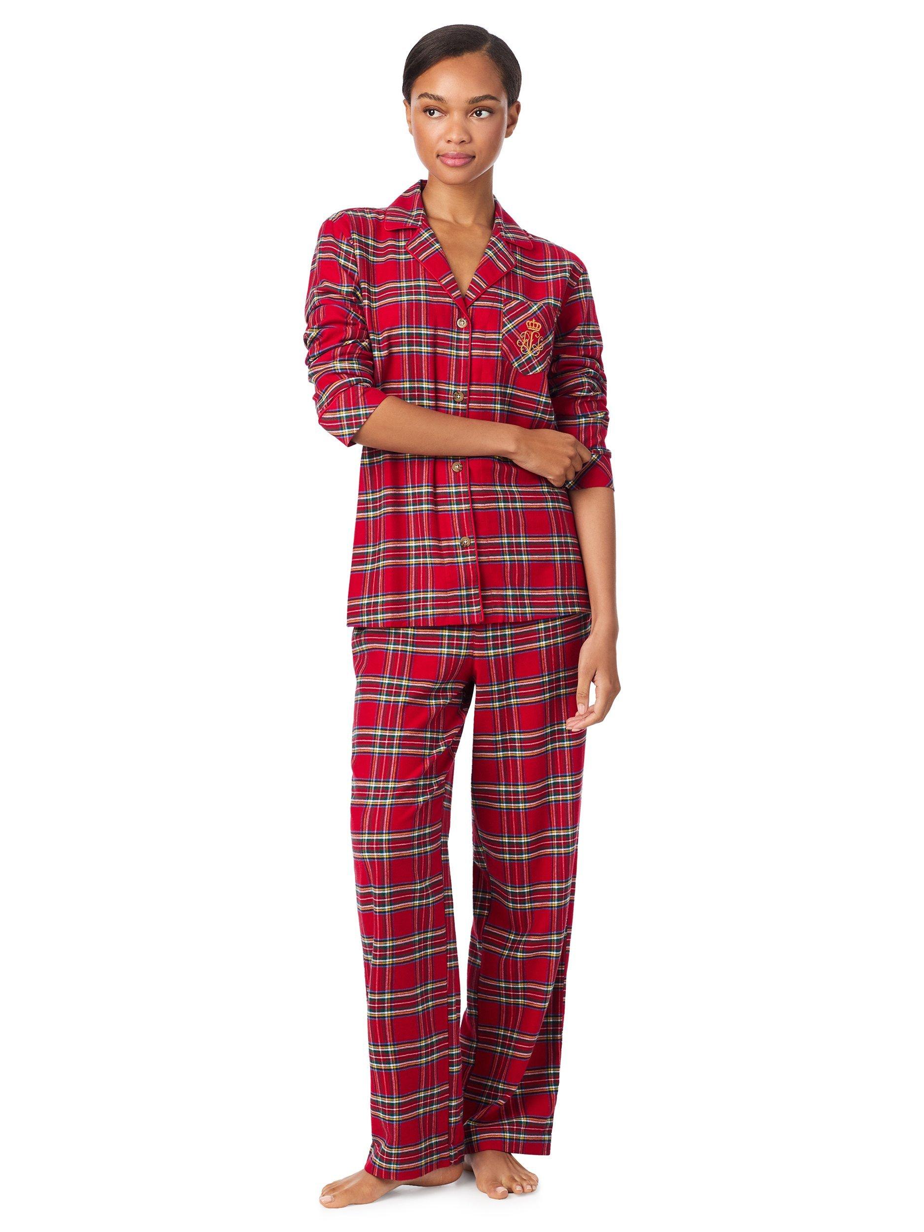 Product image 4 of 4, which shows Lauren Ralph Lauren Brushed Twill Plaid Check Button Through Long Pyjama Set, Red, L