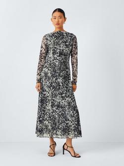 John Lewis Abstract Print Mesh Fit & Flare Maxi Dress, Black/White, Black/White