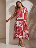 Live Unlimited Curve Abstract Leaf Hanky Hem Midi Dress, Red