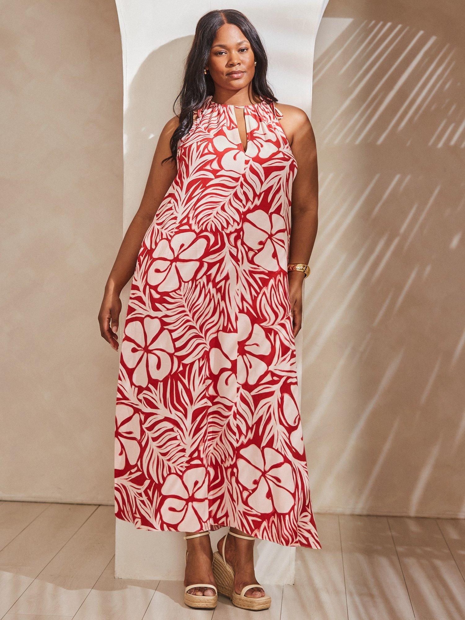 Product image 2 of 4, which shows Live Unlimited Curve Floral Print Halterneck Maxi Dress, Red, 12