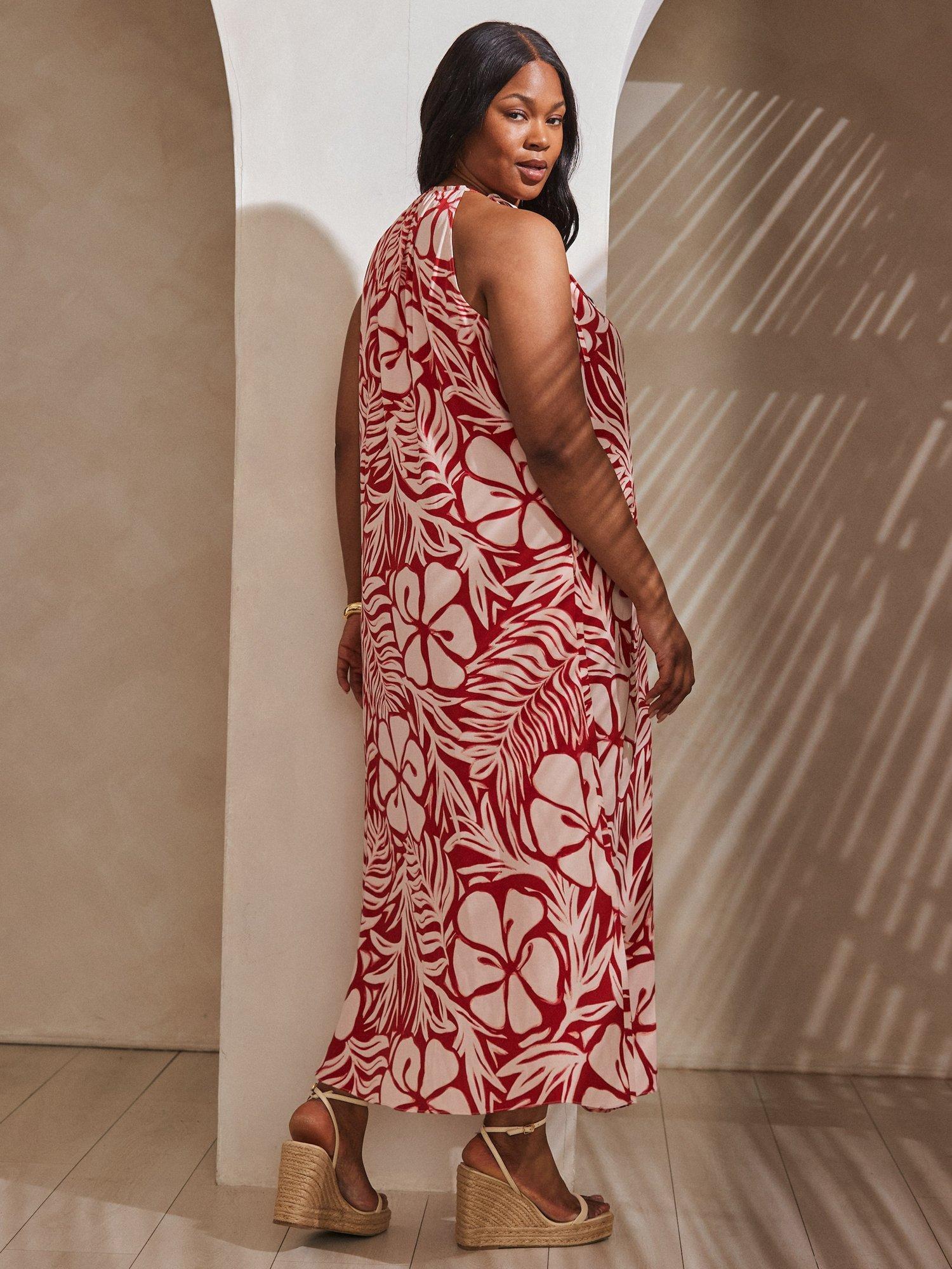 Product image 4 of 4, which shows Live Unlimited Curve Floral Print Halterneck Maxi Dress, Red, 12