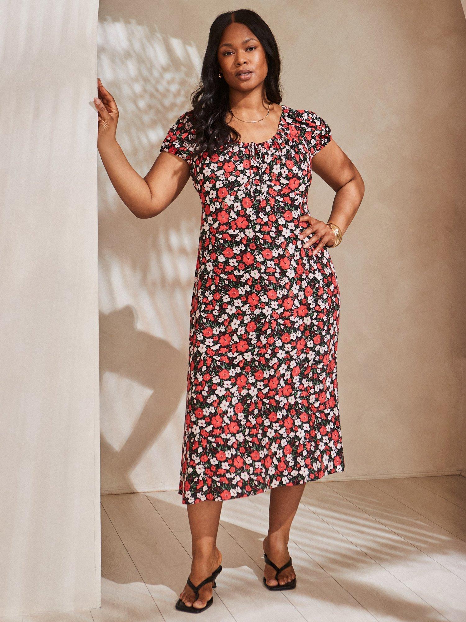 Product image 3 of 5, which shows Live Unlimited Curve Gathered Neck Floral Dress, Multi, 12