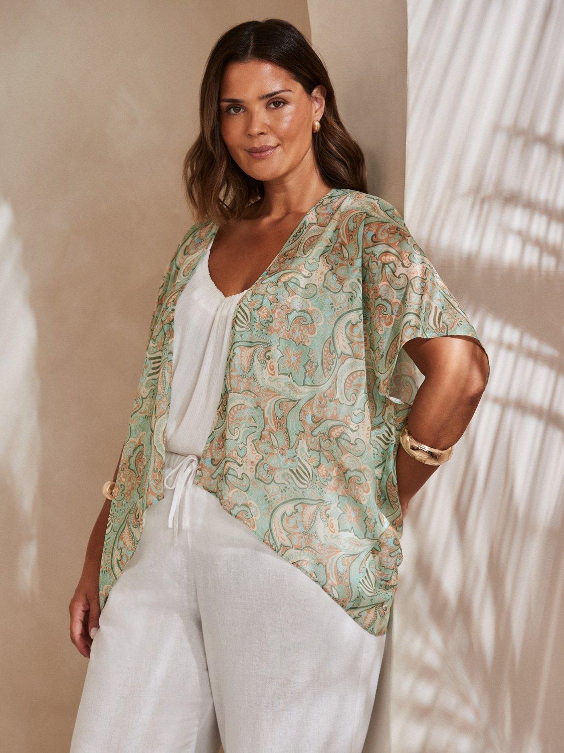 Product image 3 of 4, which shows Live Unlimited Curve Paisley Print Kimono, Green, 12