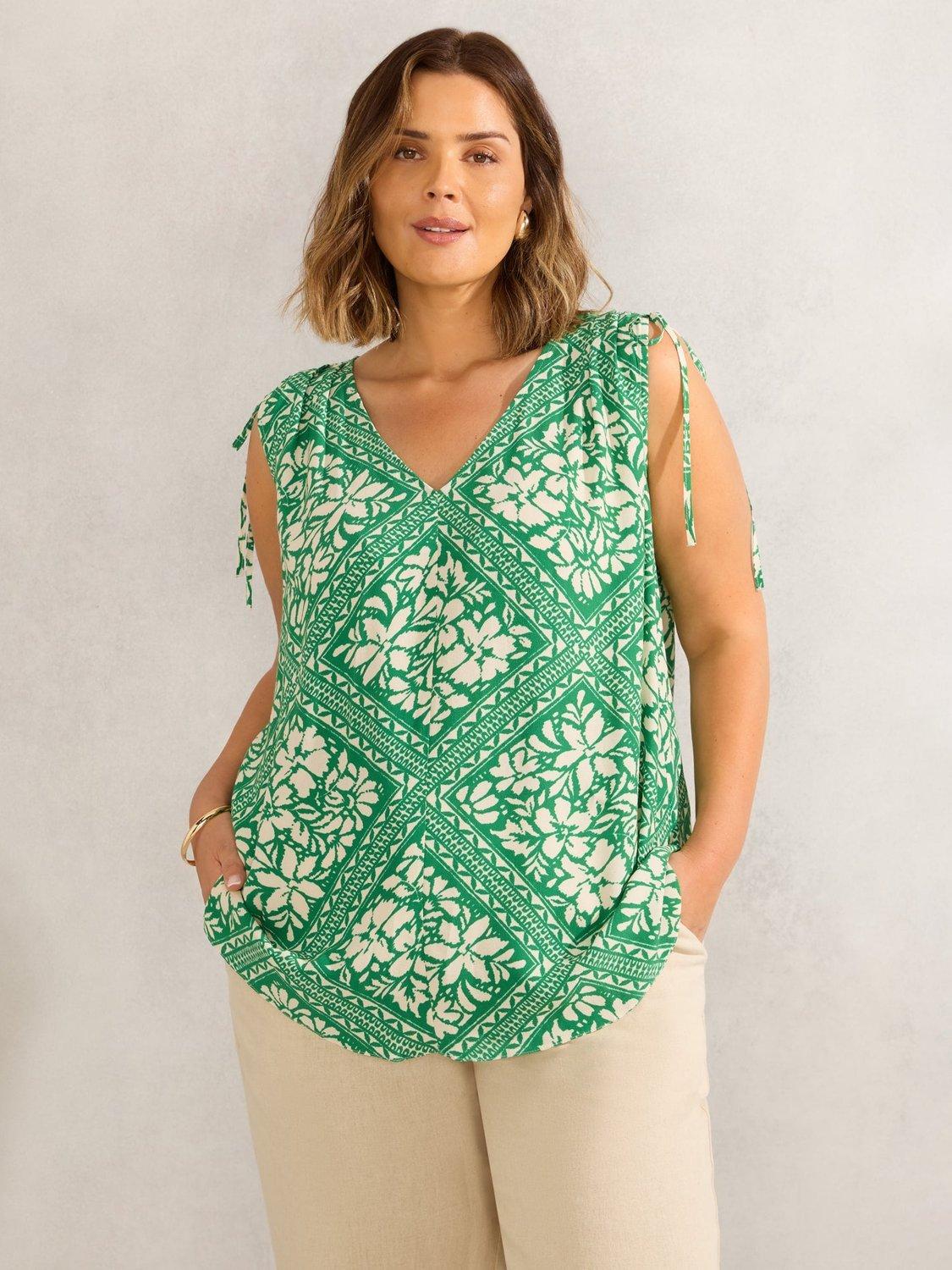 Product image 1 of 4, which shows Live Unlimited Curve Bandana Print Drawstring Top, Green, 14