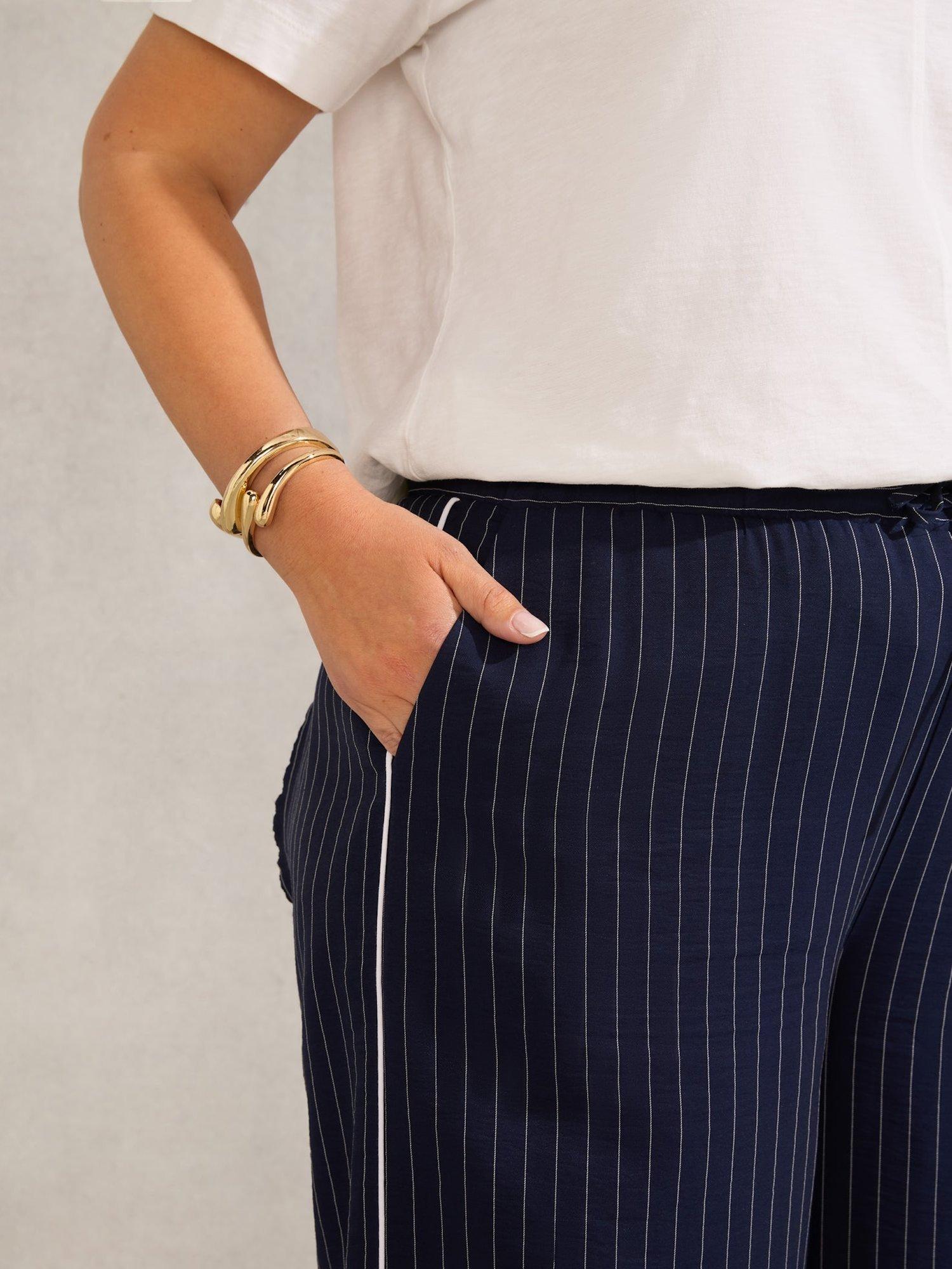 Product image 3 of 4, which shows Live Unlimited Curve Petite Pinstripe Drawstring Trousers, Navy, 18Pt