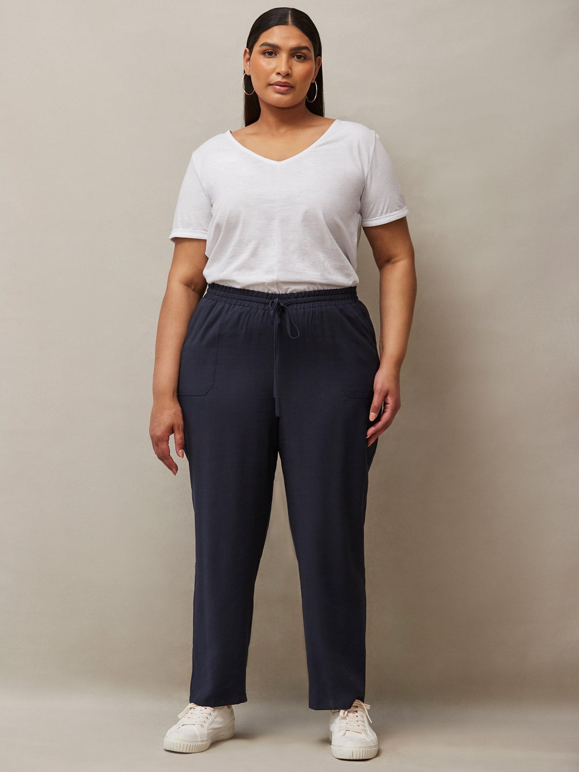 Product image 1 of 4, which shows Live Unlimited Curve Petite Drawstring Waist Tapered Trousers, Blue, 12Pt