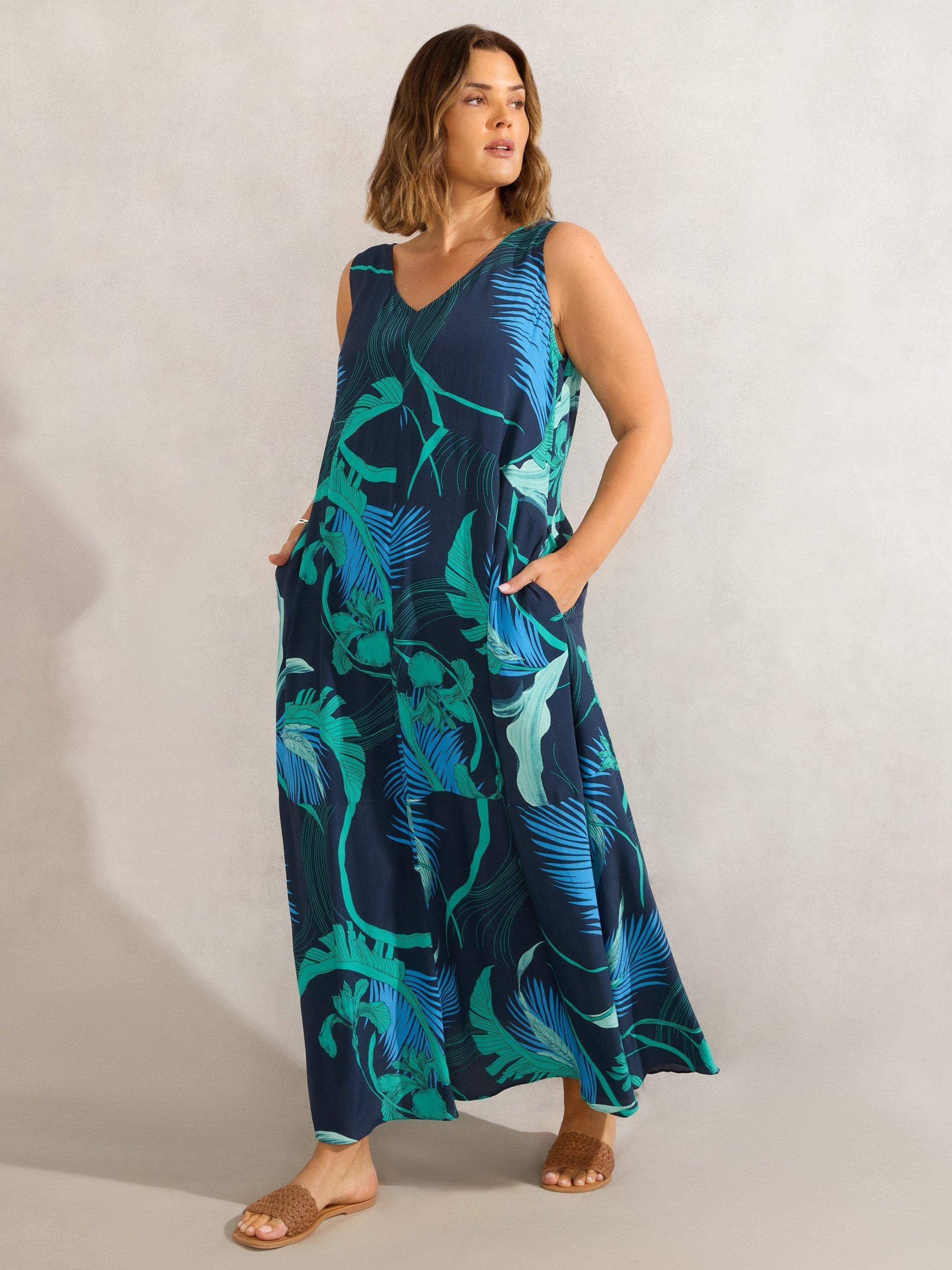 Product image 1 of 4, which shows Live Unlimited Curve Abstract Leaf Print Maxi Dress, Blue, 26