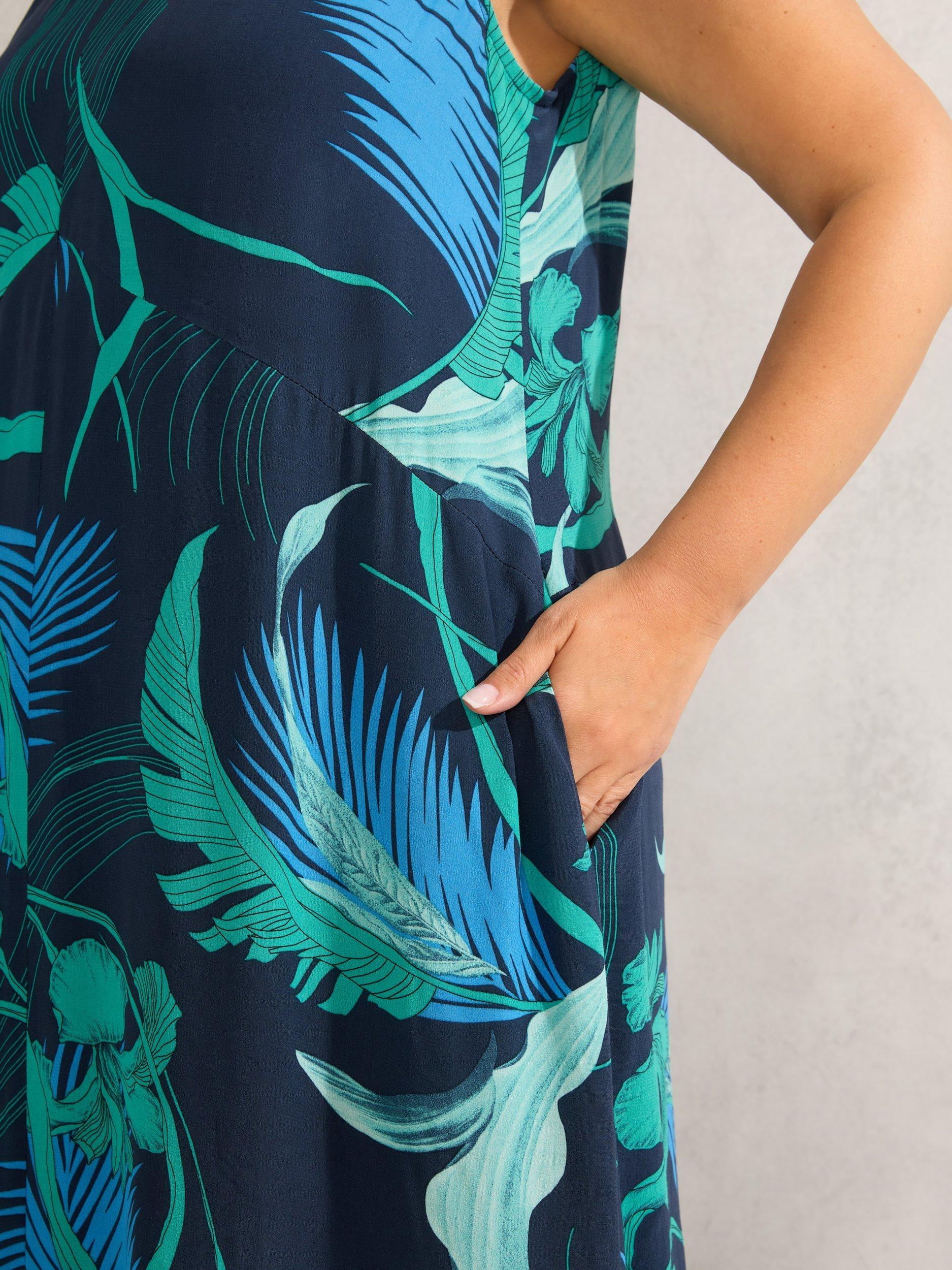 Product image 3 of 4, which shows Live Unlimited Curve Abstract Leaf Print Maxi Dress, Blue, 26
