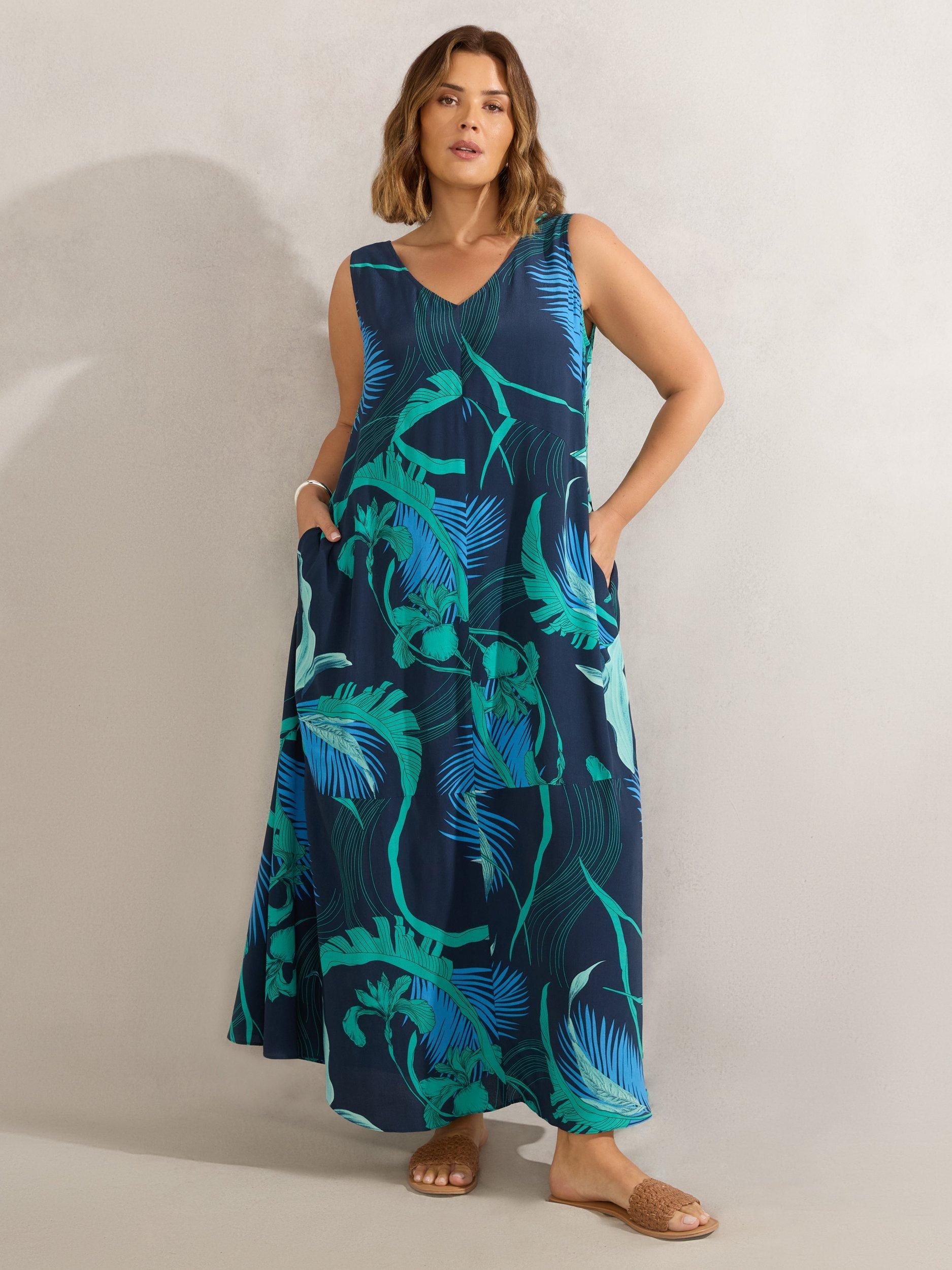 Product image 4 of 4, which shows Live Unlimited Curve Abstract Leaf Print Maxi Dress, Blue, 26