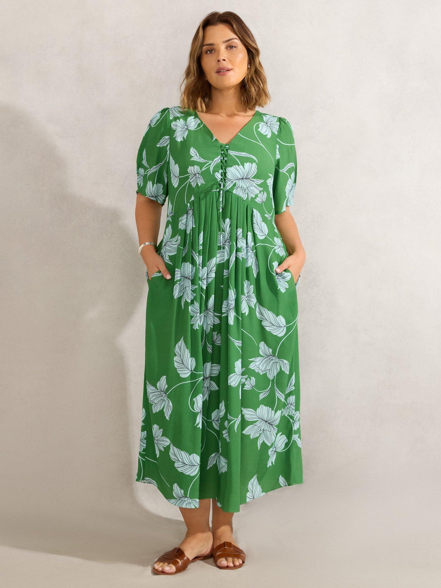 Product image 1 of 6, which shows Live Unlimited Floral Print Short Sleeve Midi Dress, Green, 12R