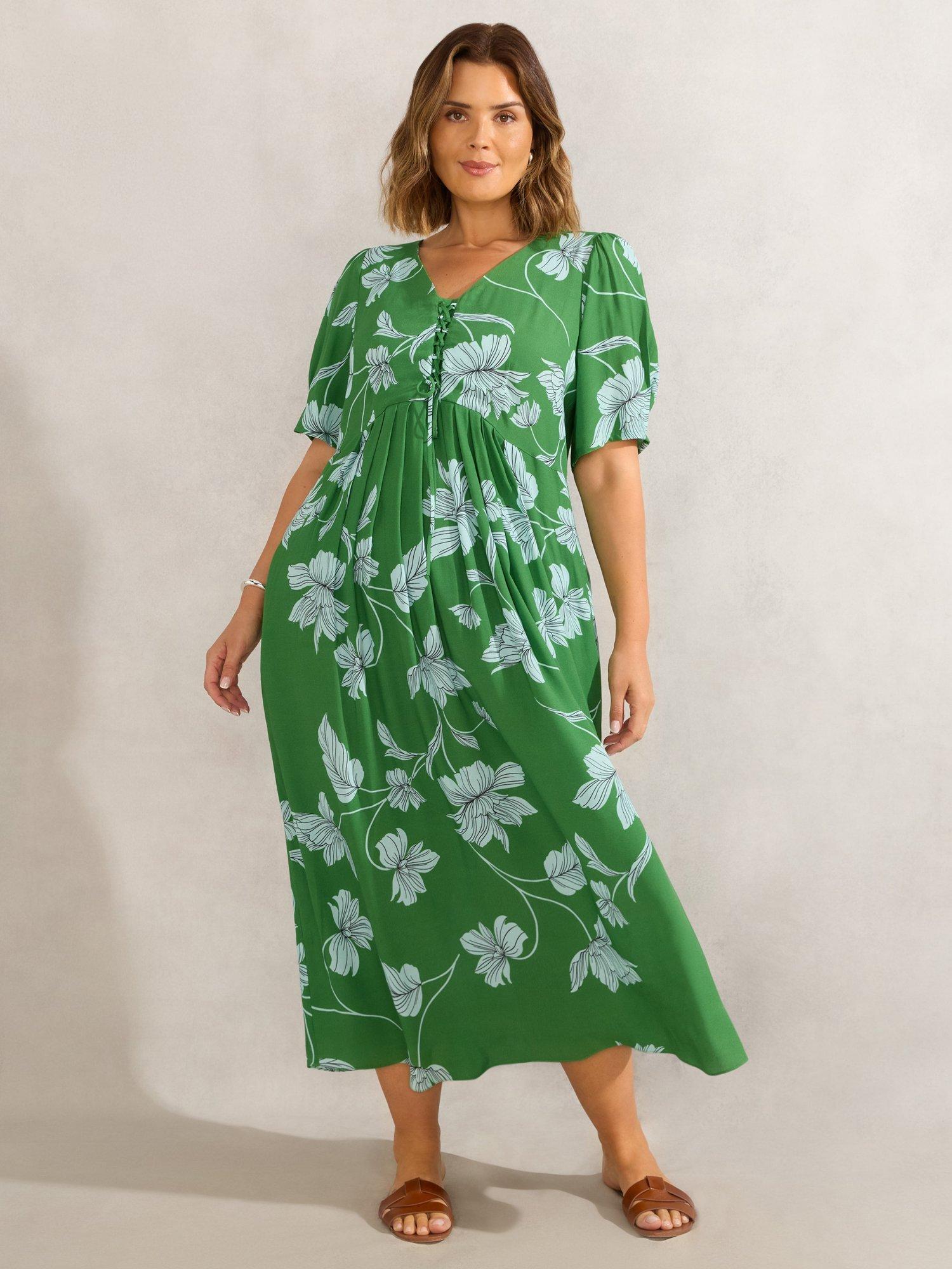 Product image 2 of 6, which shows Live Unlimited Floral Print Short Sleeve Midi Dress, Green, 12R
