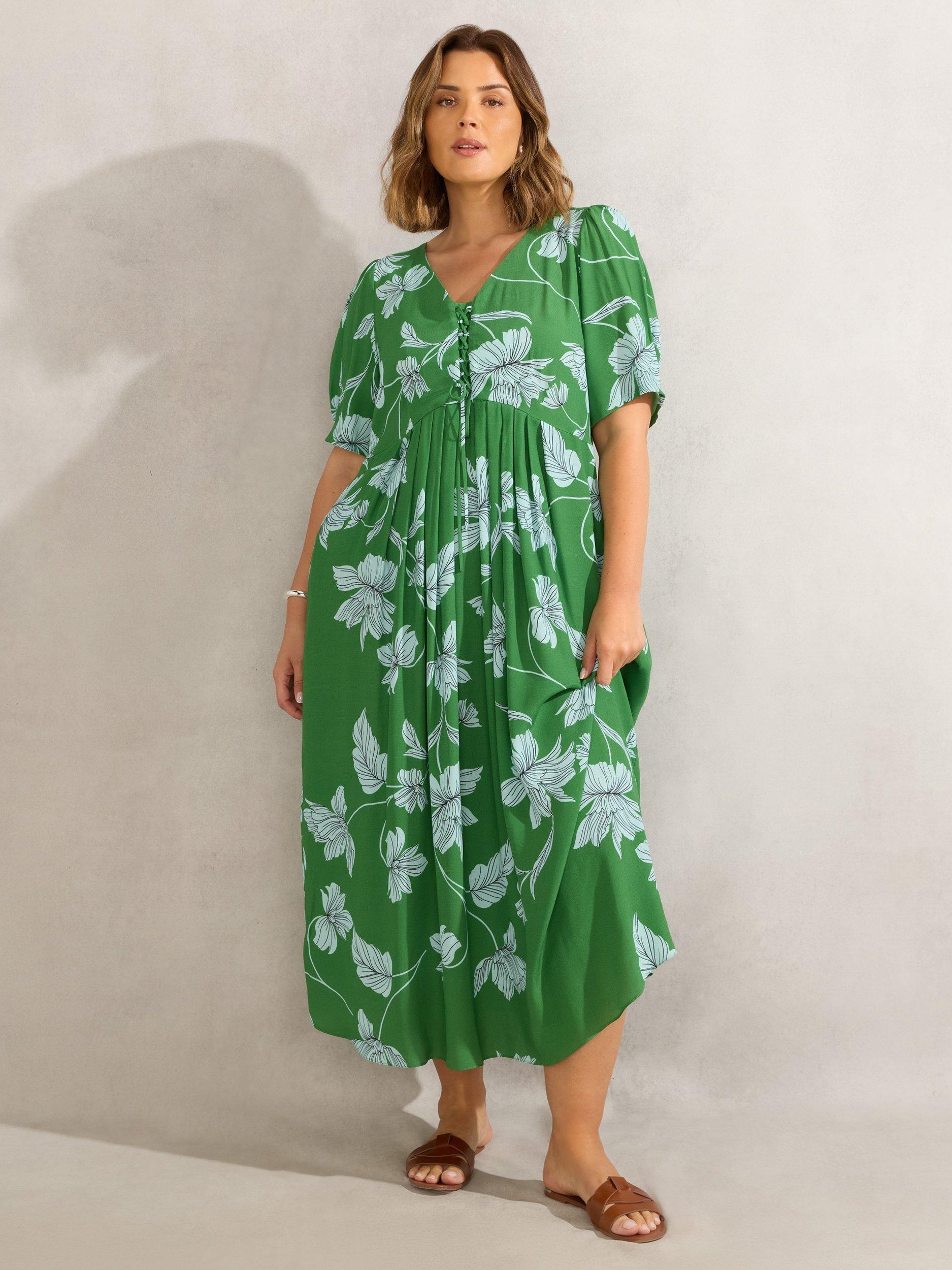 Product image 3 of 6, which shows Live Unlimited Floral Print Short Sleeve Midi Dress, Green, 12R