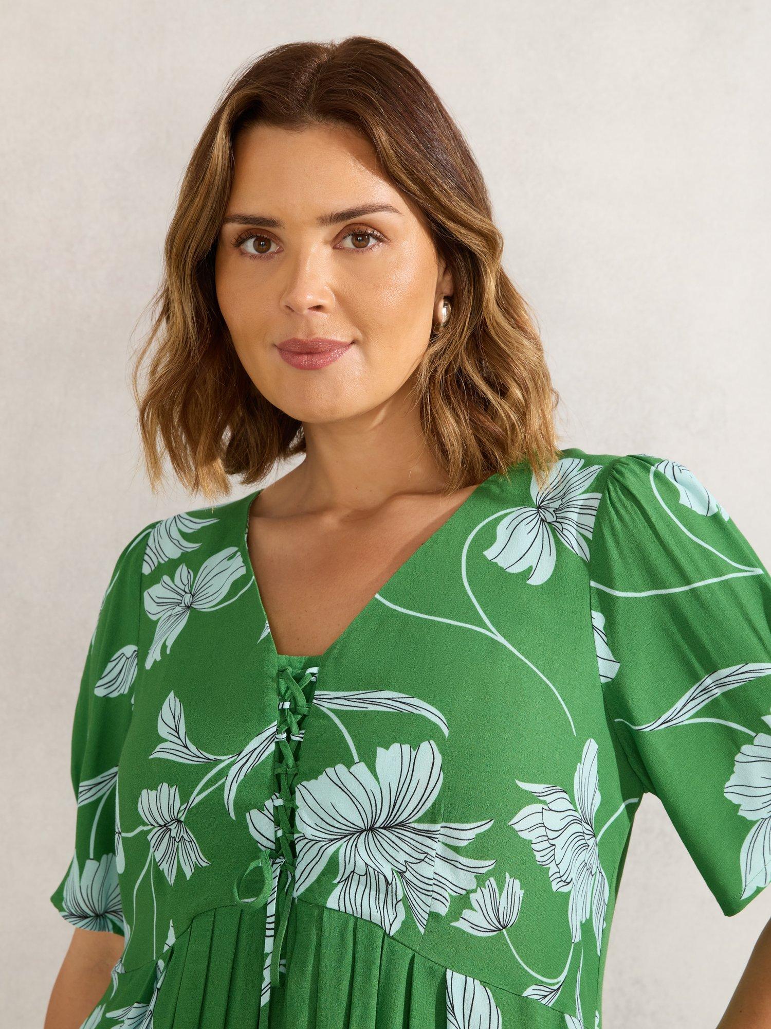 Product image 4 of 6, which shows Live Unlimited Floral Print Short Sleeve Midi Dress, Green, 12R