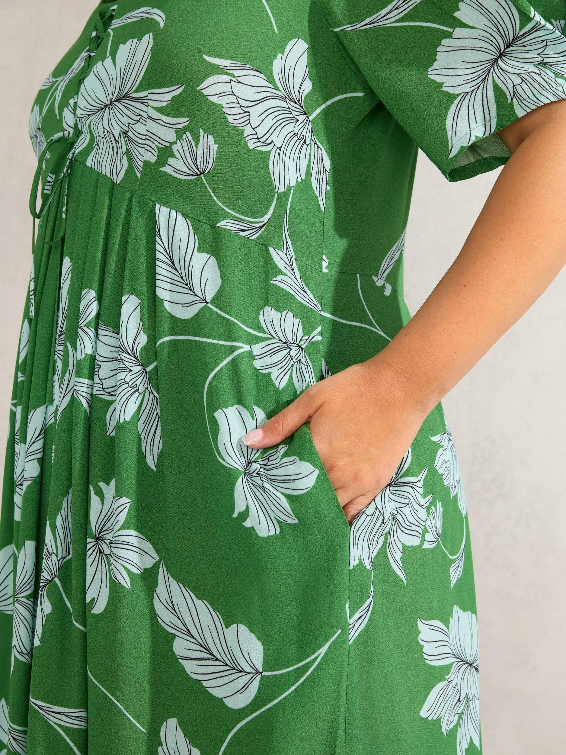 Product image 5 of 6, which shows Live Unlimited Floral Print Short Sleeve Midi Dress, Green, 12R