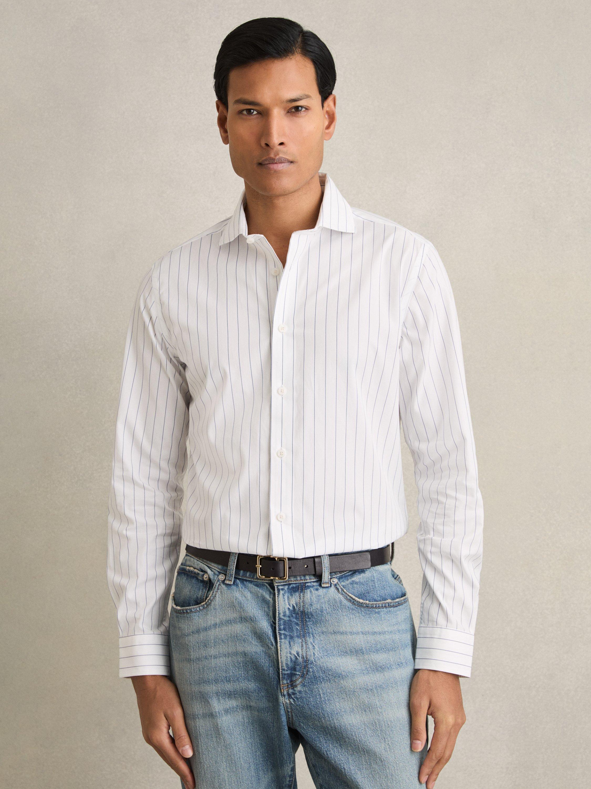Reiss Mayfair Cotton Poplin Long Sleeved Striped Shirt, Blue/White
