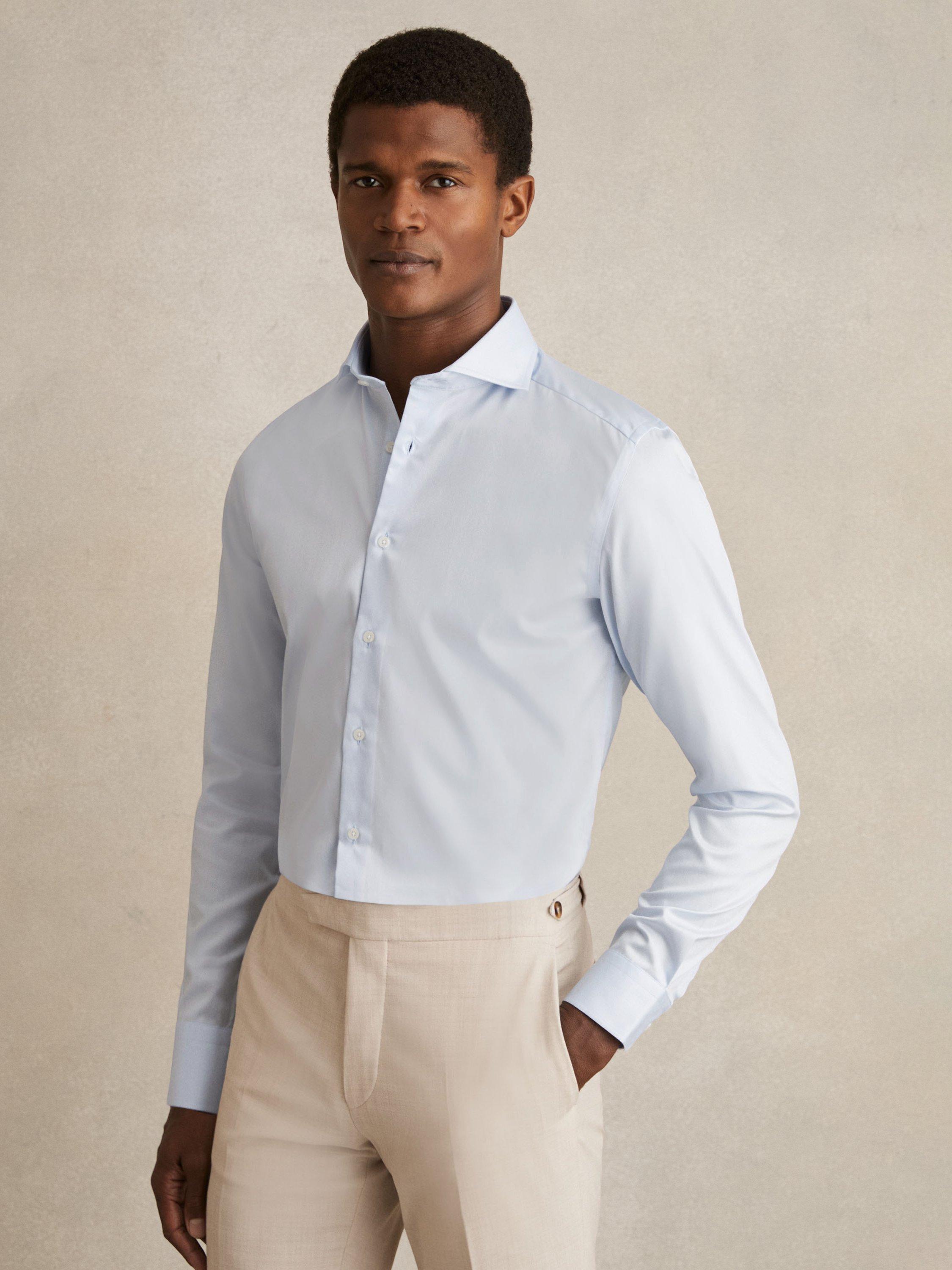 Product image 1 of 5, which shows Reiss Storm Soft Cotton Regular Fit Shirt, Soft Blue, XS