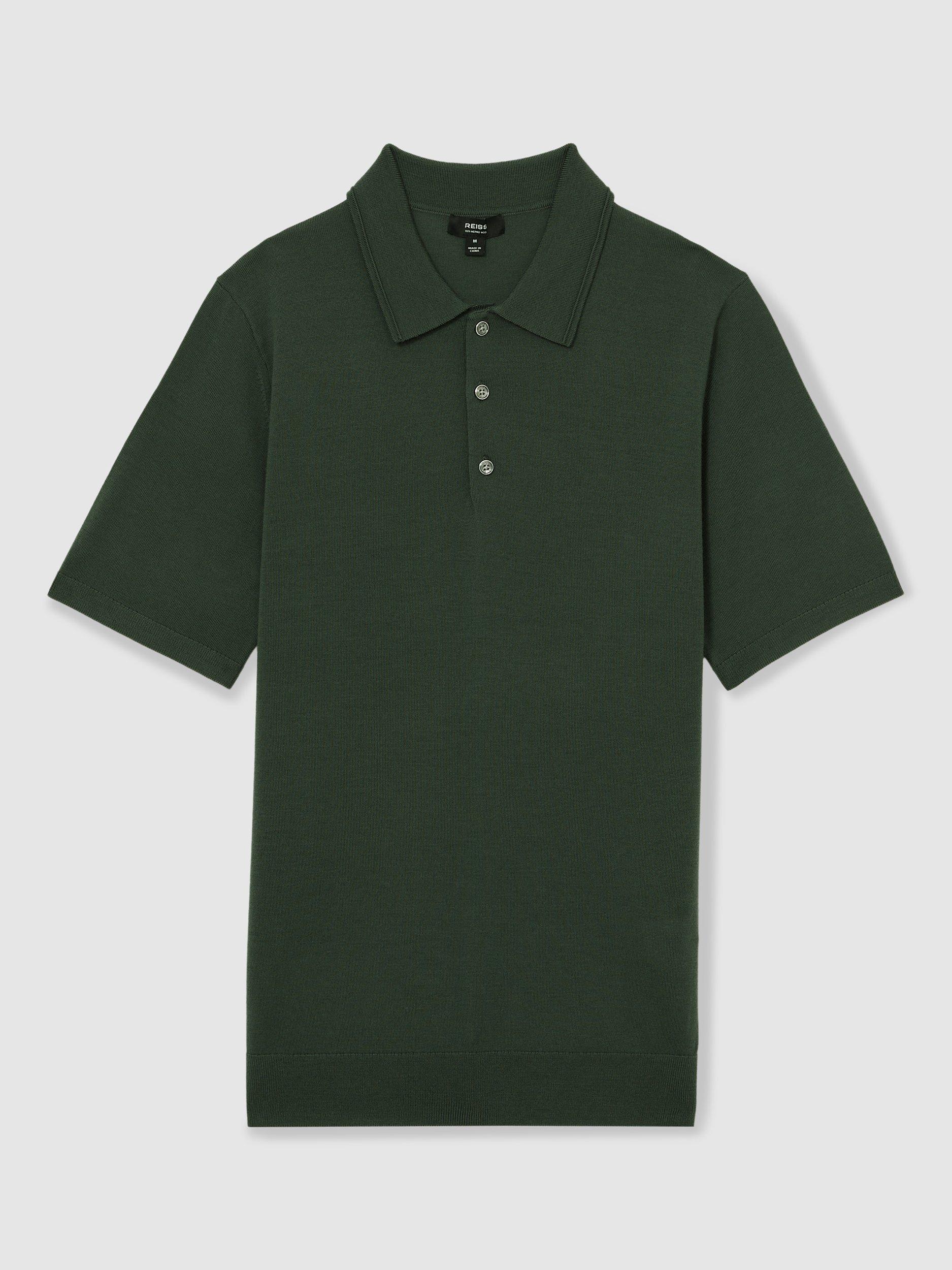Product image 3 of 5, which shows Reiss Manor Wool Short Sleeved Polo Shirt, Dark Green, XS