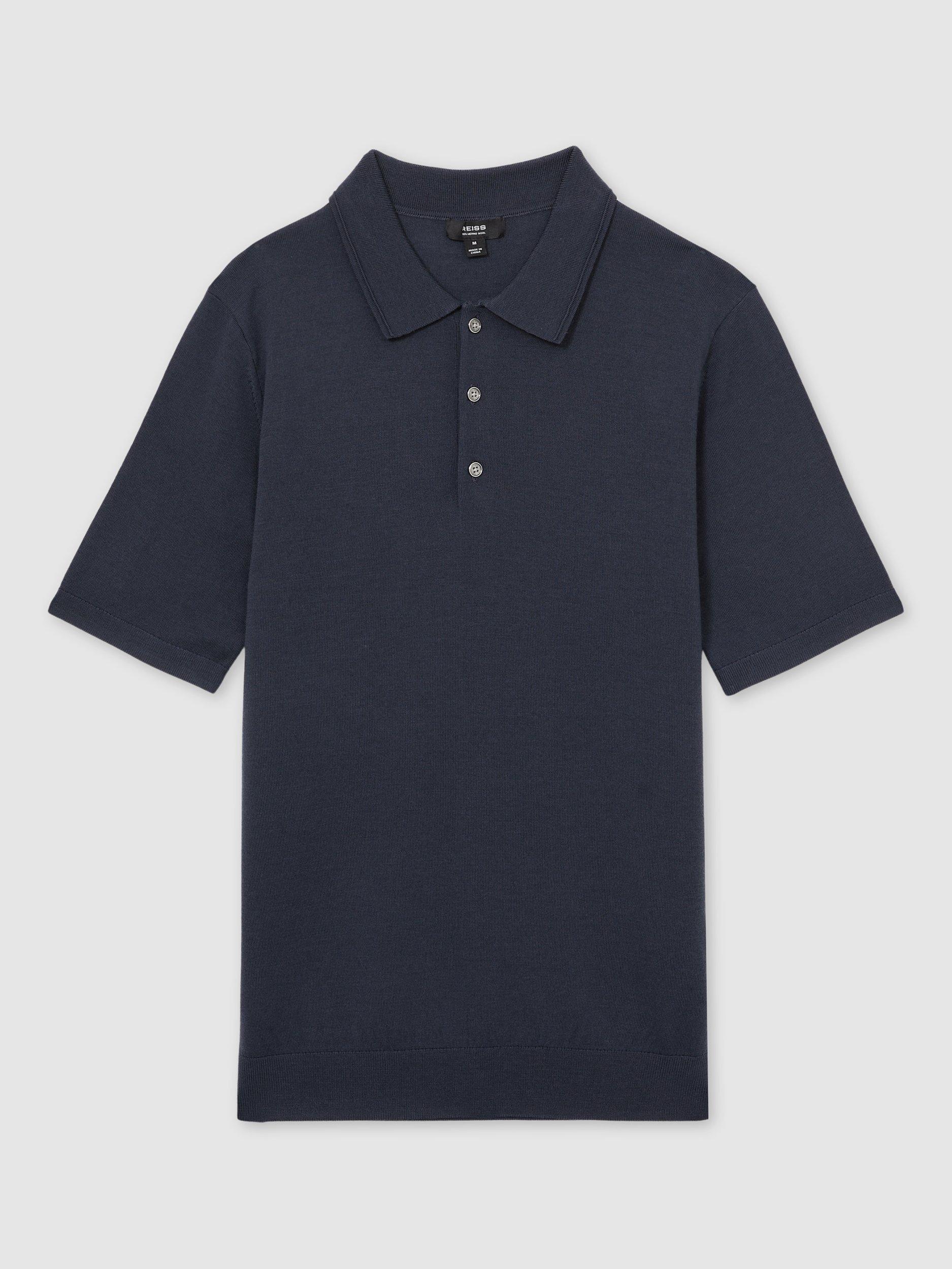 Product image 3 of 5, which shows Reiss Manor Wool Short Sleeved Polo Shirt, Navy, XS