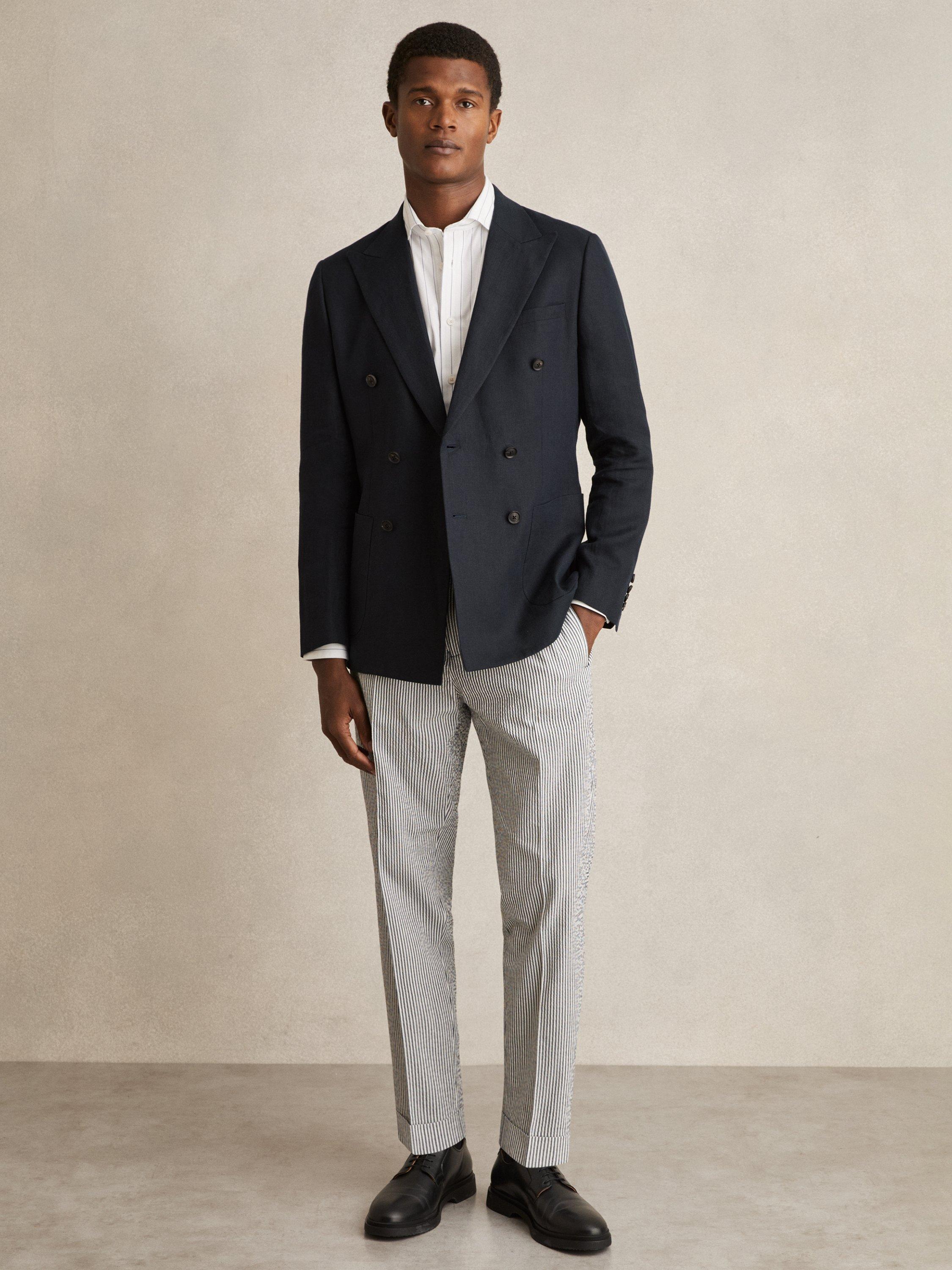 Product image 1 of 5, which shows Reiss Sail Cotton Seersucker Slim Fit Striped Trousers, Navy/Multi, 28R
