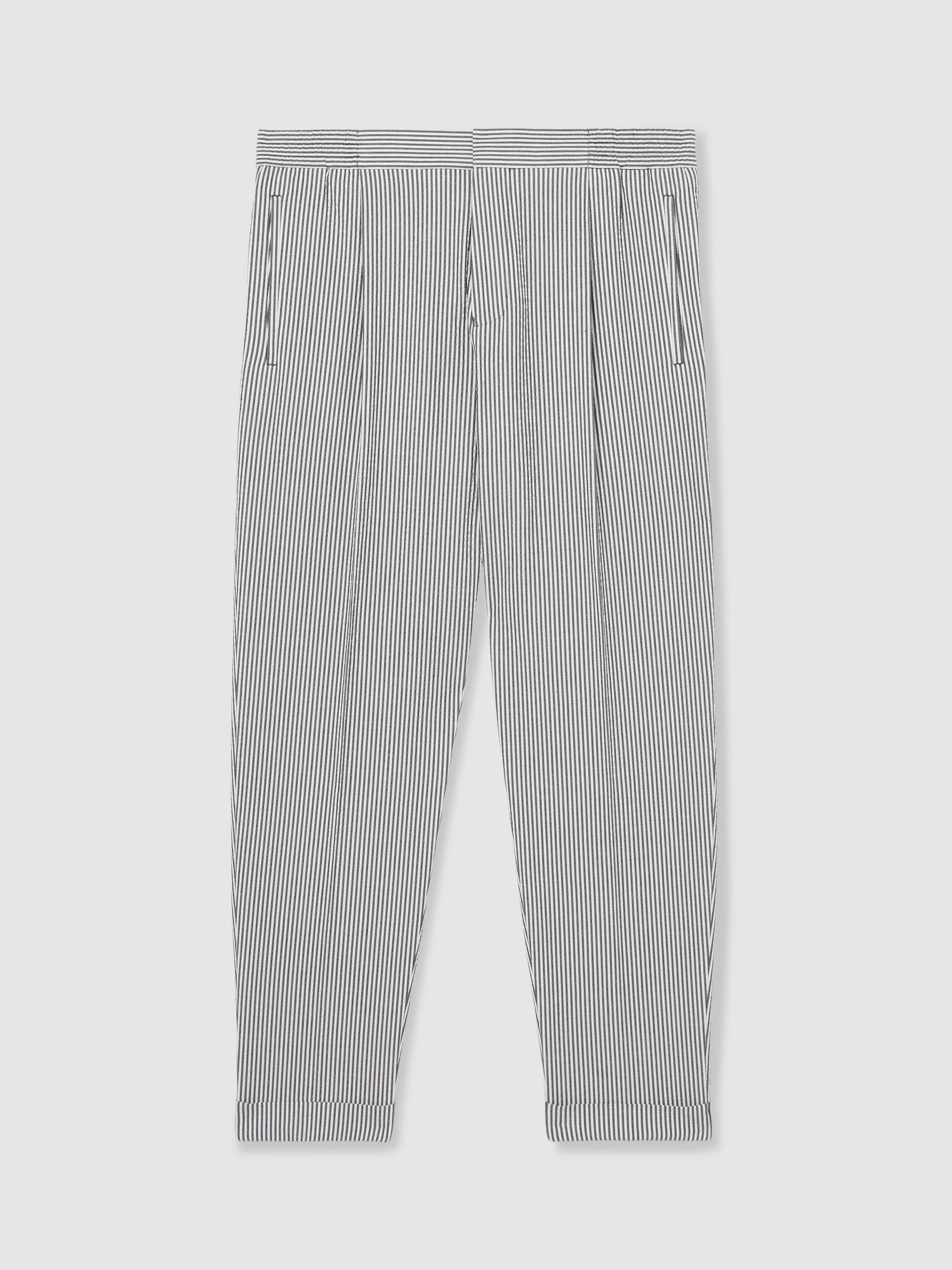 Product image 3 of 5, which shows Reiss Sail Cotton Seersucker Slim Fit Striped Trousers, Navy/Multi, 28R