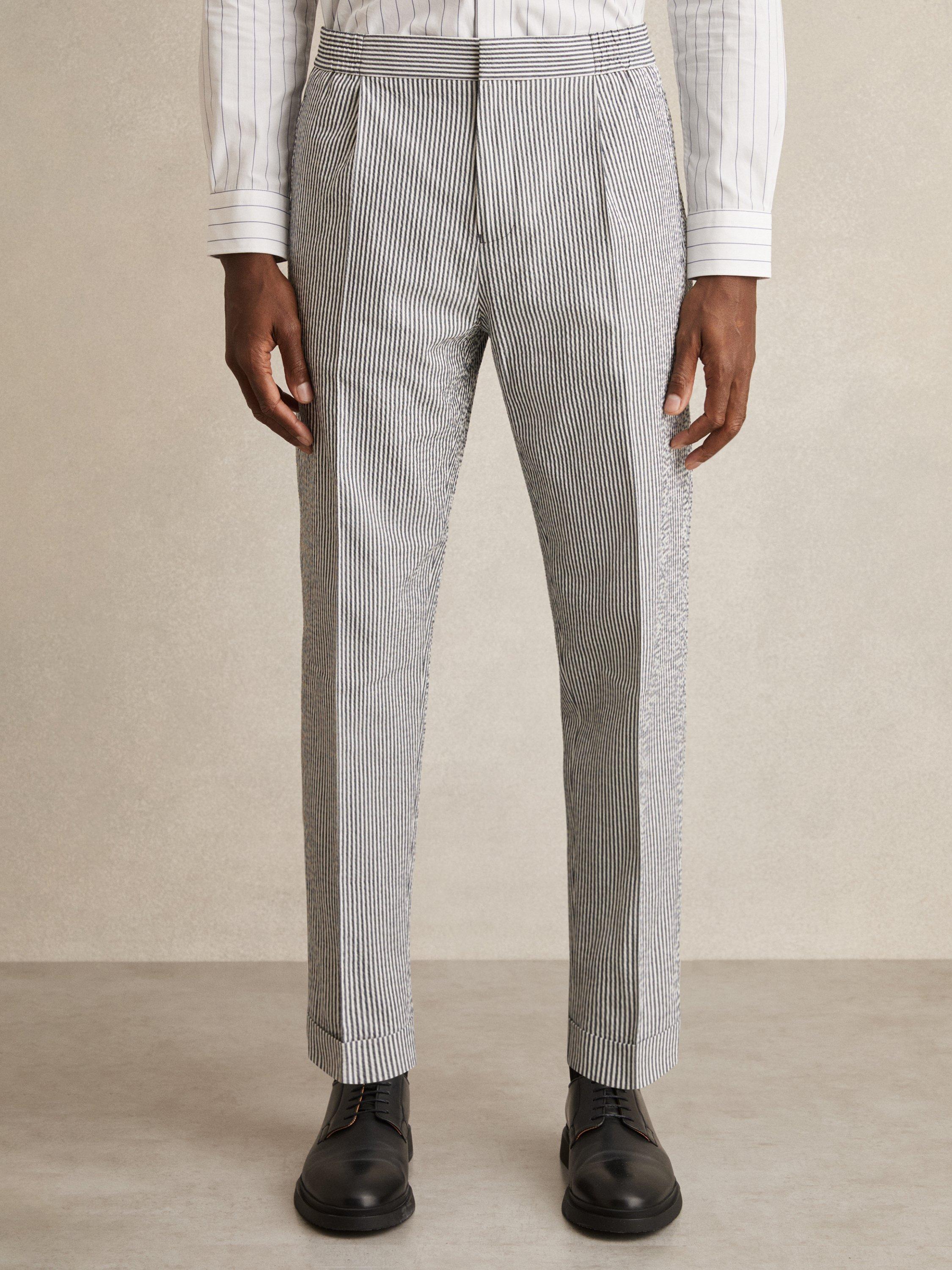 Product image 4 of 5, which shows Reiss Sail Cotton Seersucker Slim Fit Striped Trousers, Navy/Multi, 28R