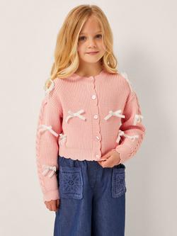Monsoon Kids' Long Sleeved Scalloped Bow Cardigan, Pink, Pink