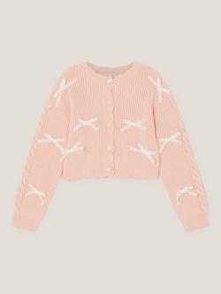 Monsoon Kids' Long Sleeved Scalloped Bow Cardigan, Pink - view 2, Pink