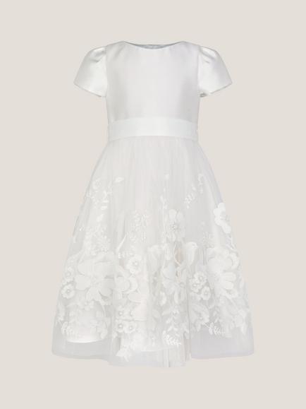 Monsoon Kids' Alicia Short Sleeved Satin Bodice Dress, Ivory, Ivory
