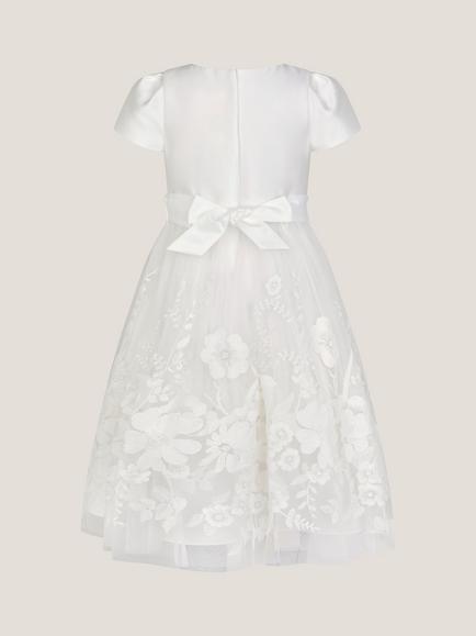 Monsoon Kids' Alicia Short Sleeved Satin Bodice Dress, Ivory - view 2, Ivory