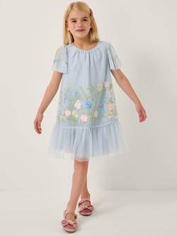 Monsoon Kids' Emilia Short Sleeved Floral Embroidery Dress, Blue, Blue