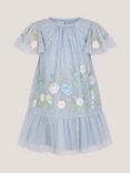 Monsoon Kids' Emilia Short Sleeved Floral Embroidery Dress, Blue