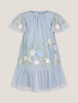 Monsoon Kids' Emilia Short Sleeved Floral Embroidery Dress, Blue - view 2, Blue