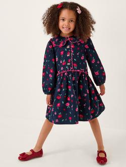 Monsoon Kids' Cotton Long Sleeved Floral Print Dress, Navy, Navy