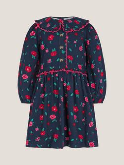 Monsoon Kids' Cotton Long Sleeved Floral Print Dress, Navy - view 2, Navy