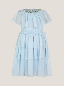 Monsoon Kids' Phoebe Cap Sleeve Tiered Sequin Dress, Pale Blue, Pale Blue