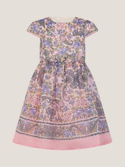 Monsoon Kids' Poppie Short Sleeved Paisley Dress, Pink, Pink
