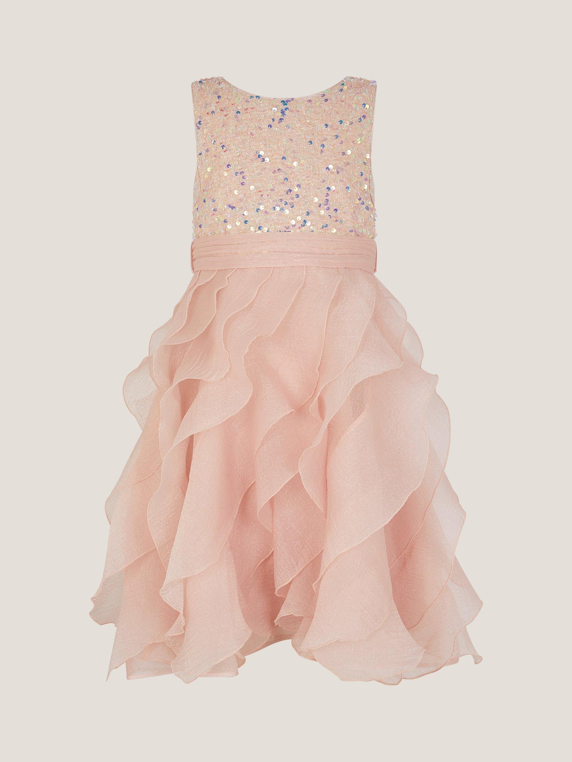 Product image 1 of 3, which shows Monsoon Kids' Sleeveless Sequin Ruffle Dress, Pink, 7 years