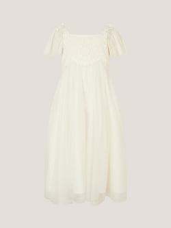 Monsoon Kids' Starla Short Sleeved Crochet Lace Dress, Ivory, Ivory