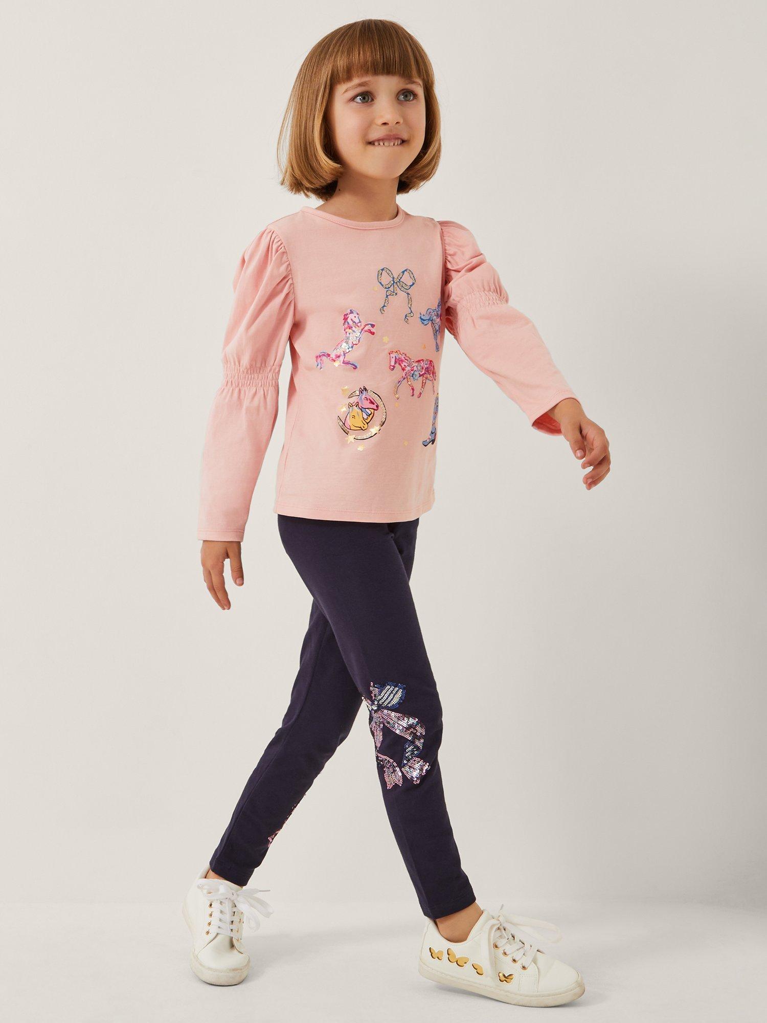 Product image 1 of 4, which shows Monsoon Kids' Cotton Blend Sequin Bow Leggings, Navy, 3-4 years