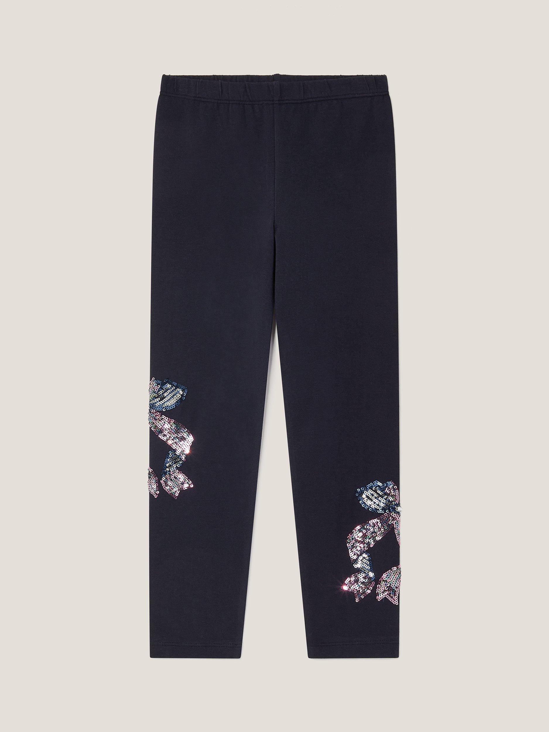 Product image 2 of 4, which shows Monsoon Kids' Cotton Blend Sequin Bow Leggings, Navy, 3-4 years
