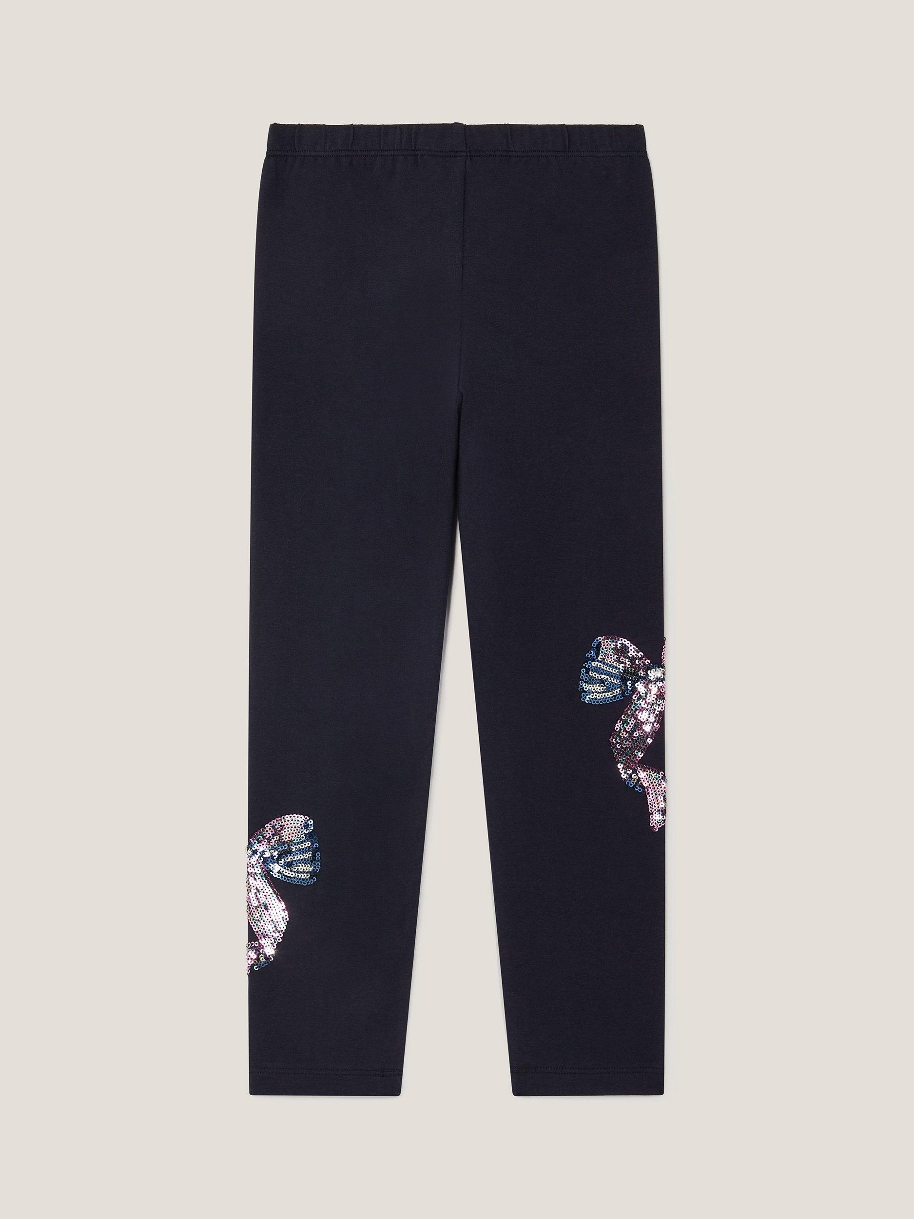 Product image 3 of 4, which shows Monsoon Kids' Cotton Blend Sequin Bow Leggings, Navy, 3-4 years