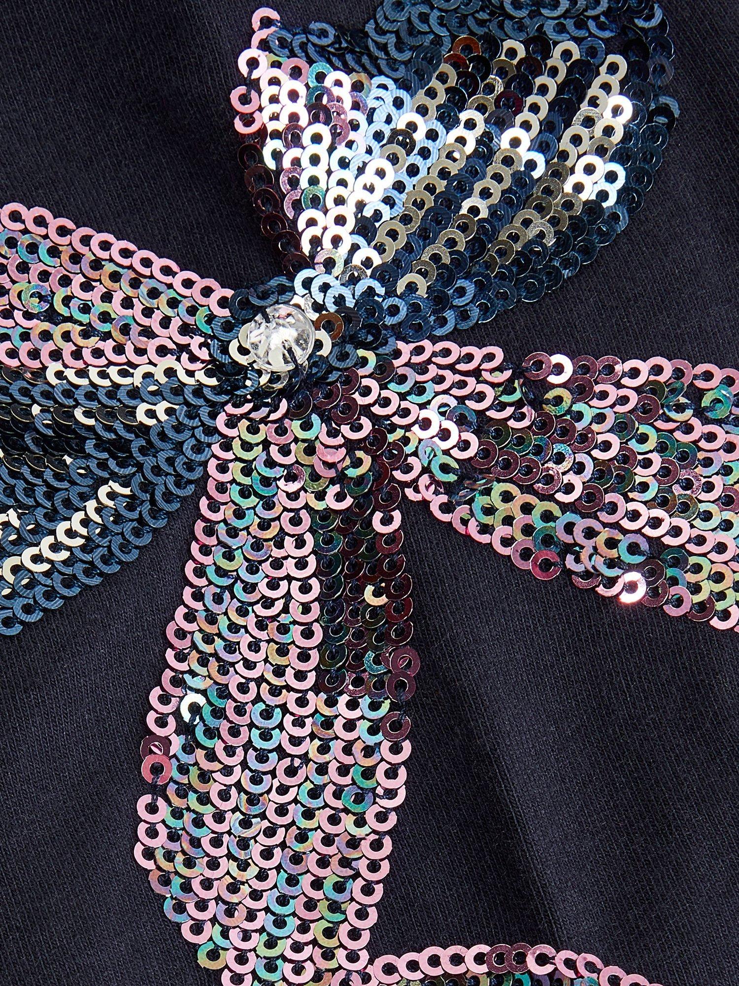Product image 4 of 4, which shows Monsoon Kids' Cotton Blend Sequin Bow Leggings, Navy, 3-4 years