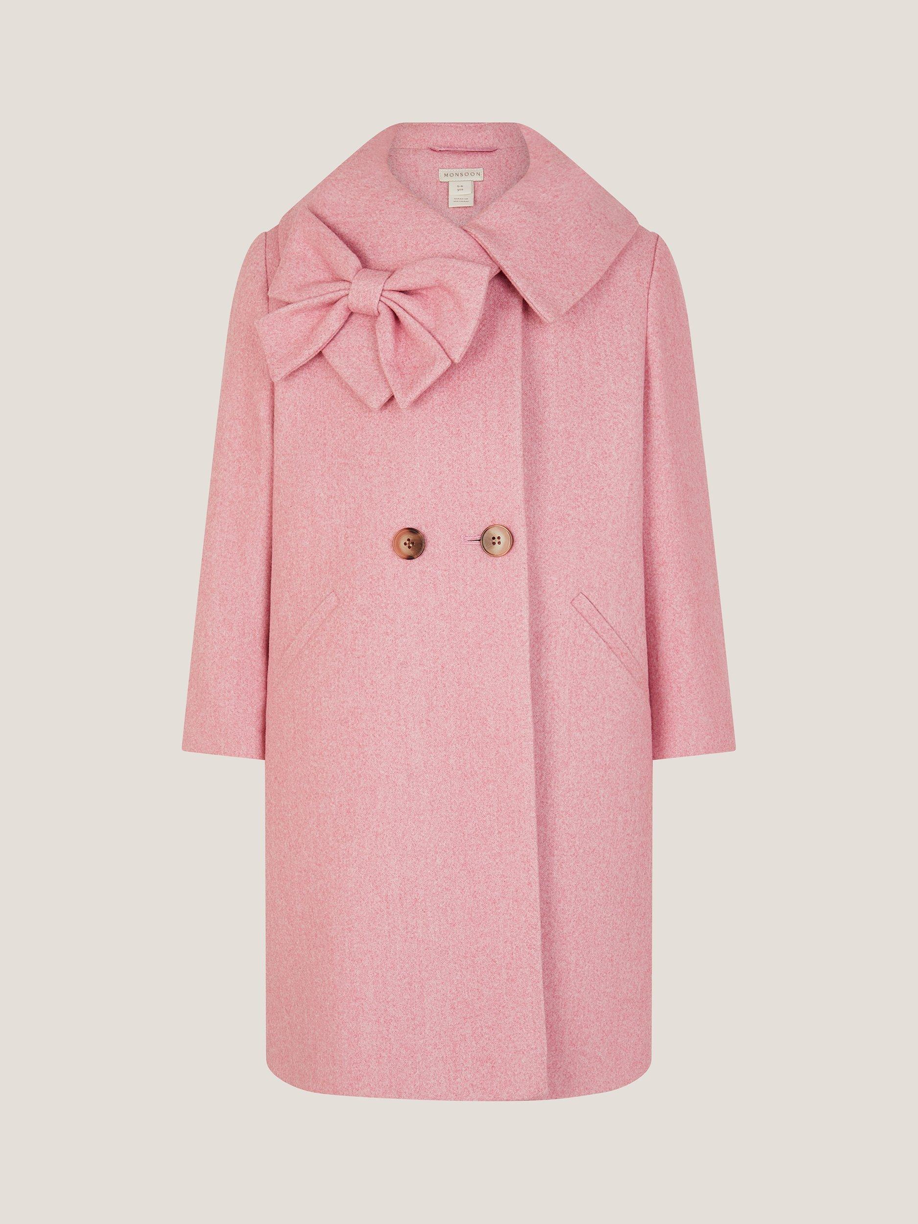 Product image 1 of 4, which shows Monsoon Kids' Asymmetric Bow Collar Coat, Pink, 3-4 years