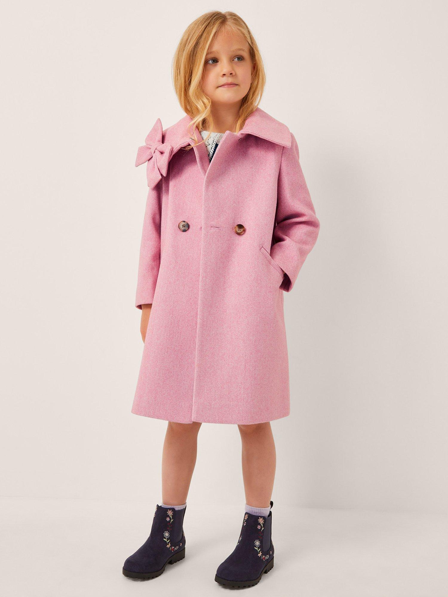 Product image 4 of 4, which shows Monsoon Kids' Asymmetric Bow Collar Coat, Pink, 3-4 years