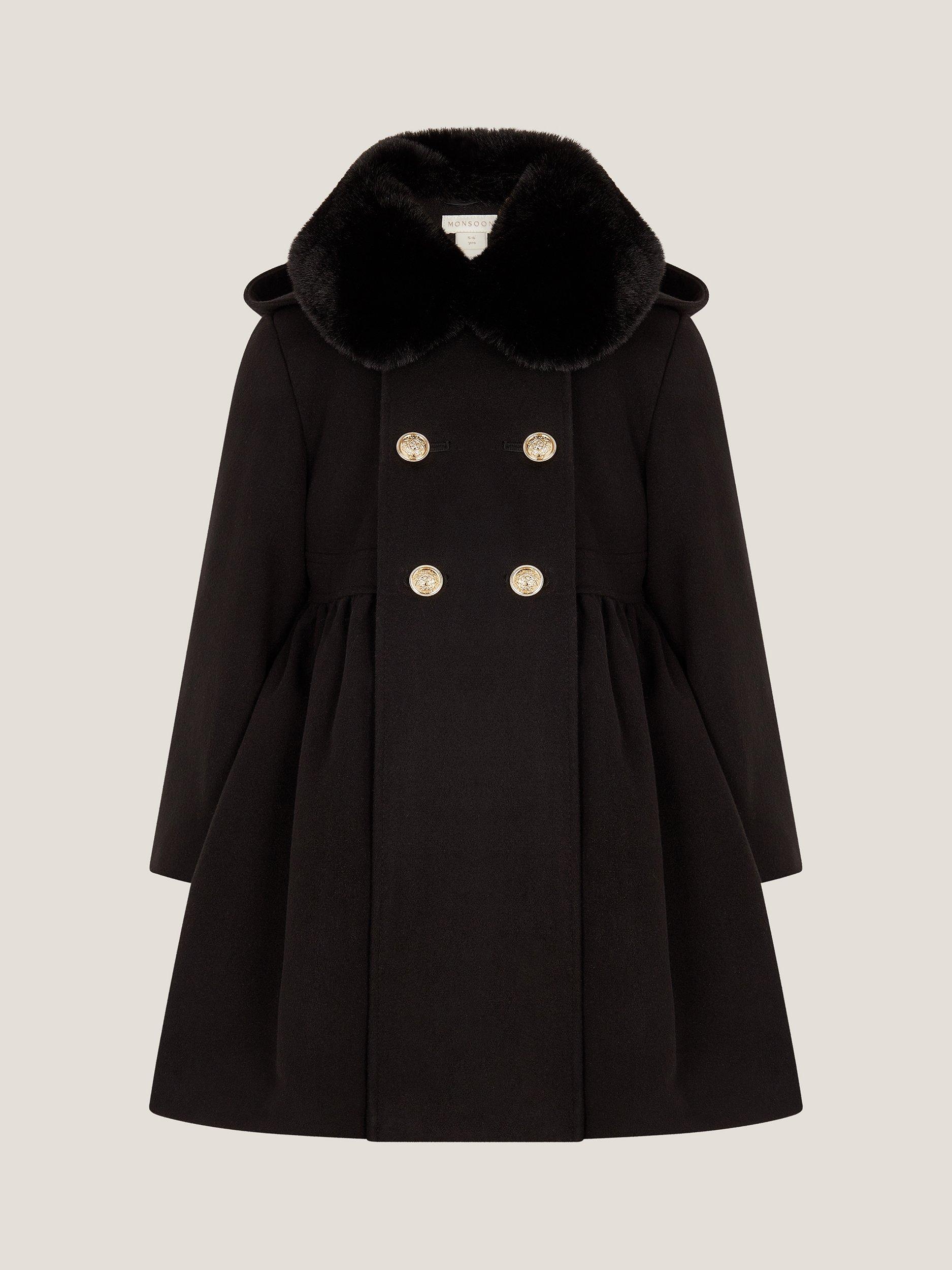 Product image 1 of 3, which shows Monsoon Kids' Faux Fur Collar Coat, Black, 3-4 years