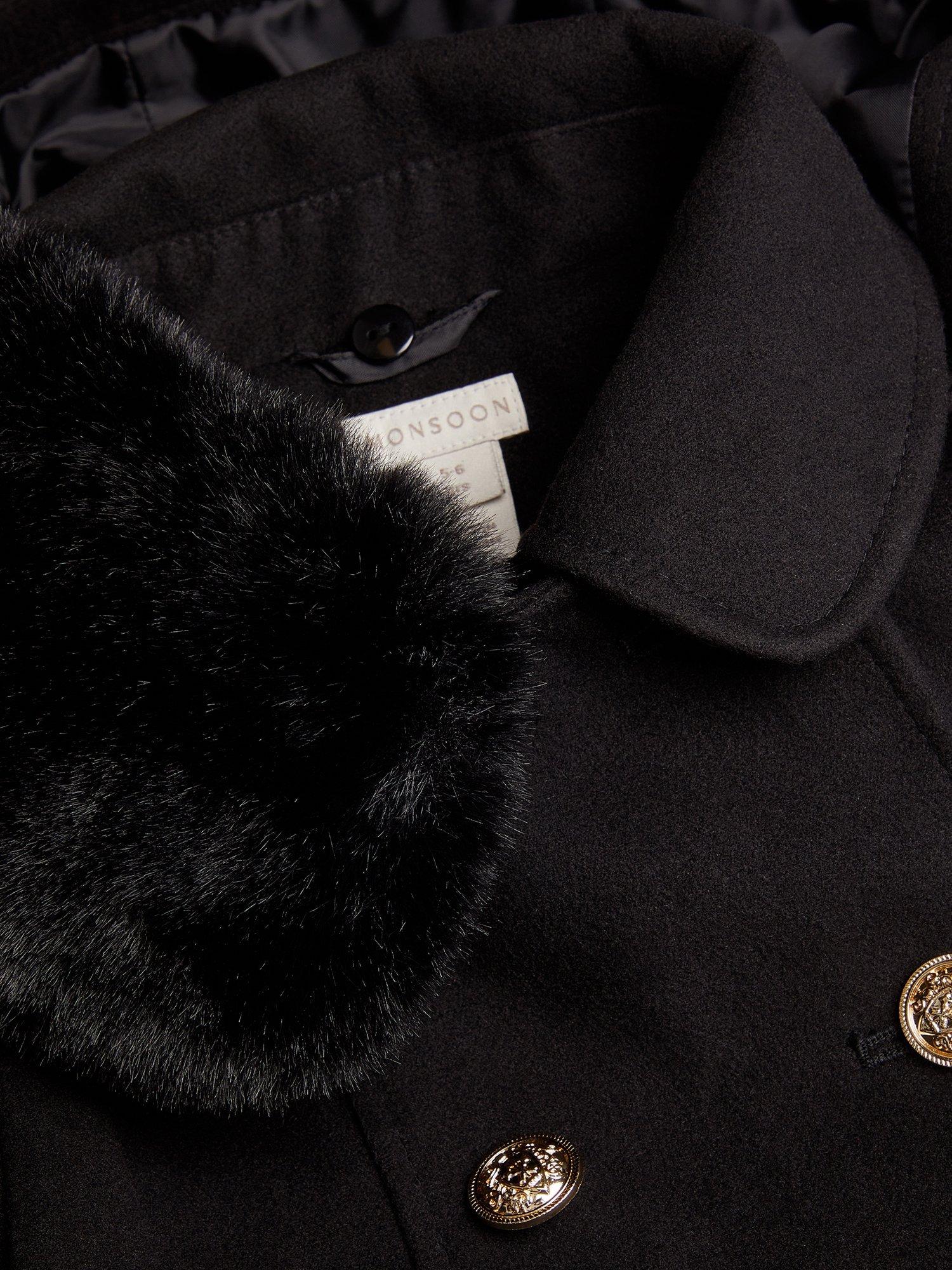 Product image 3 of 3, which shows Monsoon Kids' Faux Fur Collar Coat, Black, 3-4 years